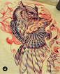 新传统手稿猫头鹰纹身图案
