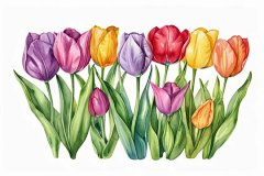 点击来源直接获取大图文件 |一幅色彩鲜艳的郁金香水彩插画，呈现出彩虹般的色彩，捕捉到它们优雅的形态，孤立于白色背景上并留有空白区域