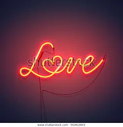 霓虹灯，这个词爱与心脏在黑暗的背景。 情人节快乐的设计元素。 准备好您的设计，贺卡，横幅。 矢量插图。