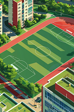 AI数字艺术扁平风校园球场操场插画-众图网