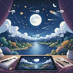 夜景 桌子 月亮 星星 药片 计算机 屏幕 学习 有创造力的