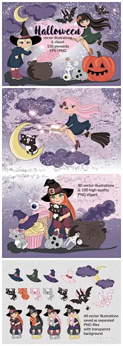 源文件 - 万圣节卡通水彩剪贴画&amp;矢量插画素材合集(EPS,PNG）_节日插画_素材下载-乐分享素材网