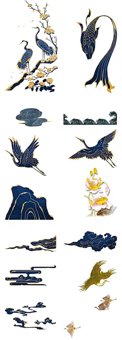 中国风古典色彩仙鹤祥云山水动物海报设计元素背景PNG透明素材-淘宝网