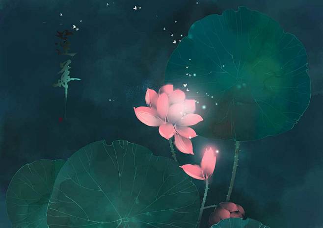 古诗词水彩古风板绘清新莲花卉素材