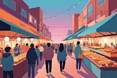 扁平化人物逛街集市场景插画