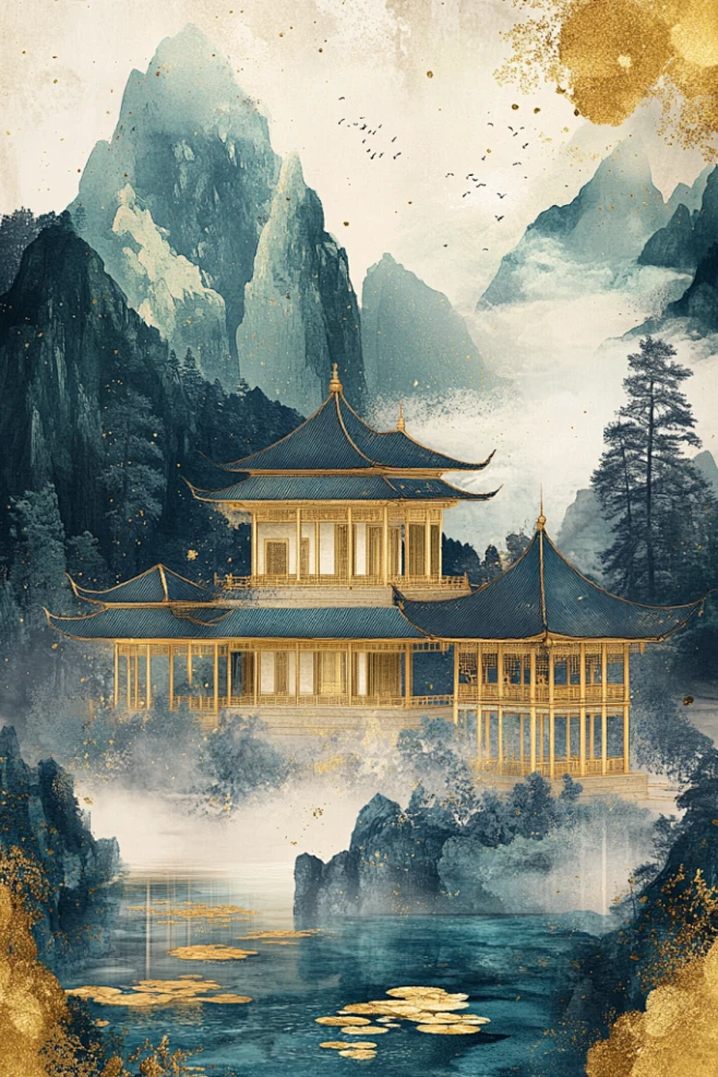 中式鎏金山水名画-花瓣网