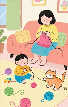 手绘居家织毛衣插画