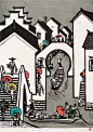 古元（1919-1996），1980年《水镇》，套色木刻，44×32.5cm，签名：古元1980。