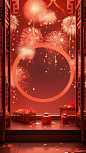 Chinese new year fireworks in the red background, in the style of trompe l'oeil compositions, daz3d, narrative paneling, mirror rooms, nature-inspired art nouveau, interior scenes, minimalist backgrounds