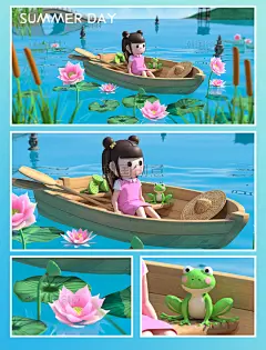 3D立体夏天西湖杭州夏季湖边菖蒲荷花划船女孩图片_潮国创意