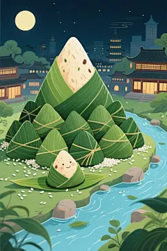 灯会古城端午节创意粽子场景背景图插画