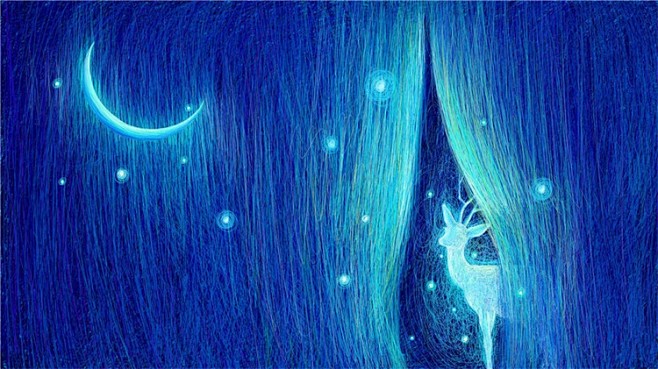 手绘唯美插画小船天空月亮胡泊河流月光星空...