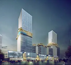 珠海横琴铁建广场 : 横琴铁建广场项目打造象征融合、连接和沟通的空中环形通路，标志性的“天空之桥”将地块内的四座塔楼相连。项目涵盖办公、商业零售、休闲娱乐设施和室外露台。四座塔楼中有一座总部办公大楼和三座可供对外租用的办公楼。大楼的方位充分利用了现场和周围环境的优势。两座高层甲级办公楼占据地块的东南角和东北角，拥有更好的地块价值和景观视野。商业零售裙楼横卧在主路旁，另有一片中央广场和一座室外圆形剧场。地块的西北角铺满绿植，连同景观广场和屋顶花园，为未来的中央商务区营造出三维垂直景观。