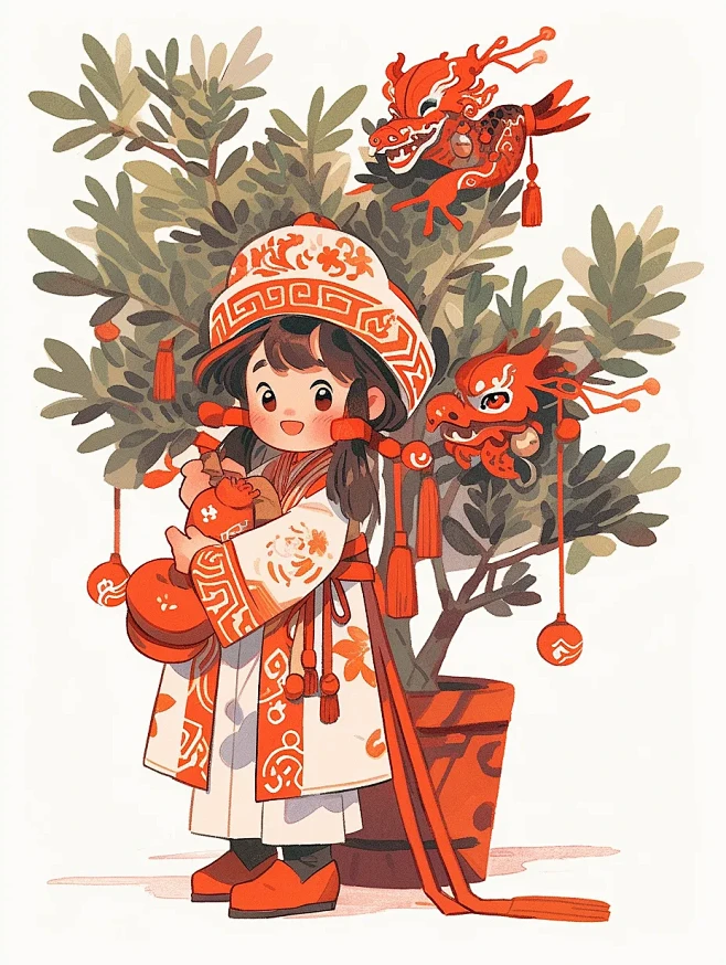 中国古代小女孩，头戴龙头帽
