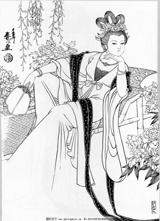 高清仕女白描,白描仕女图,工笔白描底稿,...