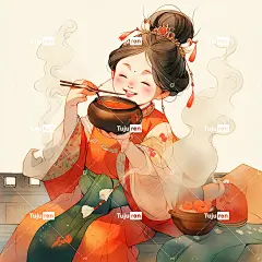 水彩画，中国传统女孩吃火锅，唐代奇幻喜庆海报