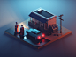 Fuel Station at Night lights night car building vehicle lowpolyart diorama low poly model isometric lowpoly render design blender illustration 3d