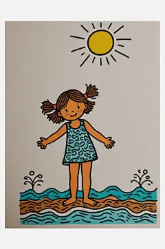 数字艺术插画版画海边女孩线条画扁平风装饰-众图网