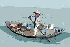 中国南海上的一艘船上的一位女农民。草图。矢量插图，低保真色彩，动画风格