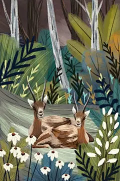 和谐冬日水彩手绘雄鹿兄弟复古动物插画