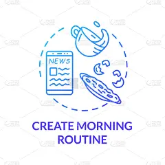 创建早晨例行的蓝色概念图标。日常时间表。每日计划。组织个人议程。自我护理措施构想细线插图。矢量隔离轮