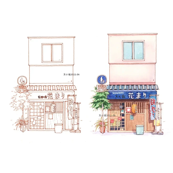 整理分享一组九图小房子建筑街屋｜钢笔淡彩