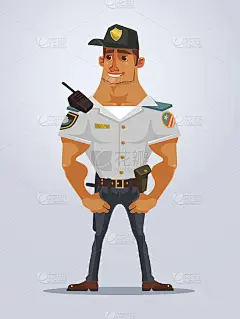 快乐微笑，强壮肌肉的警察角色吉祥物