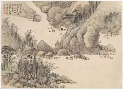 清·钱维城绘画《景敷四气冬景图》洞口飞泉一道斜，是谁泛泛小舟拏。藤萝石上依然在，只欠洲前芦荻花。