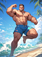  Best quality, masterpiece, ultra high res, detailed background, game_cg, solo, mature male, muscular male, bara, thick thighs, thick arms, (dynamic pose:1.2), topless, full body, full shot, at the seaside, on the beach, waves, sunshine, smile, shorts, be