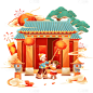 除夕&春节喜庆感年俗场景灯笼爆竹祥云烟花组合元素