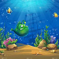 美丽的卡通搞笑绿色的鱼, 珊瑚和五颜六色的珊瑚礁和藻类在沙滩上。海风景的向量例证.