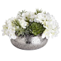 For a functional centerpiece that arrests attention, you've come to the right place. Handcrafted exclusively for Pier 1, our mix of white hydrangeas and verdant succulents in an organically shaped, textured vase boasts a metallic finish that reflects beau