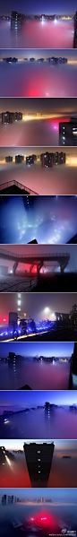 #北京大雾# 今晨黎明时刻，京城东部地区被大雾笼罩，从高空俯瞰睡梦中的城市，好似渺茫仙境如梦如幻。浓雾在距地面100米为浓浓大雾，这美轮美奂的场景中，又有多少PM2.5指标超出的雾霾在肆掠城市......