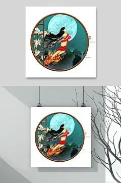 国潮风大气花卉月亮中秋手绘元素