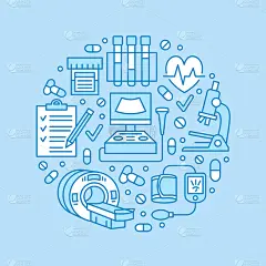 体检海报模板。矢量平线图标，卫生保健中心的说明，设备，核磁共振，心电图，超声，血液测试。诊断诊所蓝色