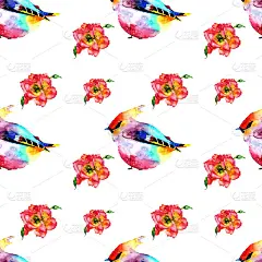 无缝模式鸟类。手绘水彩插图。白底上有蜡翅和蔷薇