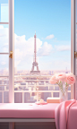 Paris view, in the style of kawaii chic, 8k 3d, soft edges and blurred details, feminine imagery, tokio aoyama, realistic interiors, romantic emotivity