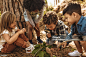 Kids in forest with a magnifying glass Children in forest looking at leaves as a researcher together with the magnifying glass. Child Stock Photo