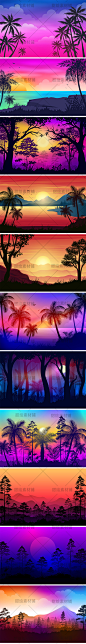 渐变海滩山脉丛林夕阳日落椰树剪影景观风景插画AI矢量设计素材-淘宝网