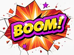 俯视视角，漫画风格特写，霓虹紫色与荧光黄色交织的"BOOM!"字样从破裂的漫画对话框中喷涌而出，字体棱角分明且带有动态速度线，黑色粗描边内嵌着闪烁的白色光点，背景是层层递进的橙红色爆炸波纹与飞溅的星形碎片，中心区域的强光形成放射状眩光效果，整体构图呈现强烈的向外扩张感，白色背景使所有元素如同从纸面弹出般充满张力，完美捕捉到惊喜瞬间的爆发力与视觉冲击。