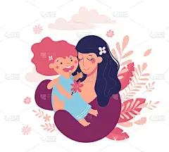 母亲节贺卡。快乐的妈妈抱着她的孩子，可爱的海报。女人把一个女孩抱在怀里。平面矢量图解