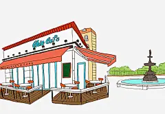 手绘休闲咖啡馆和喷泉水柱图免抠素材_新图网 https://ixintu.com 卡通水柱 咖啡厅 喷泉 手绘 水柱 水池 灌木