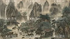 山水画  - 源文件下载【酷图网】国画,中国画,山水画,水墨画,工笔画,山峰,河流,树木,村庄,楼台亭阁,瀑布,高清,壁纸,装饰画