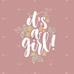 这是一个女孩手写的书法海报。刷文字白色可爱的粉红色女孩背景与花和叶子。海报或贺卡，婴儿派对邀请函。
