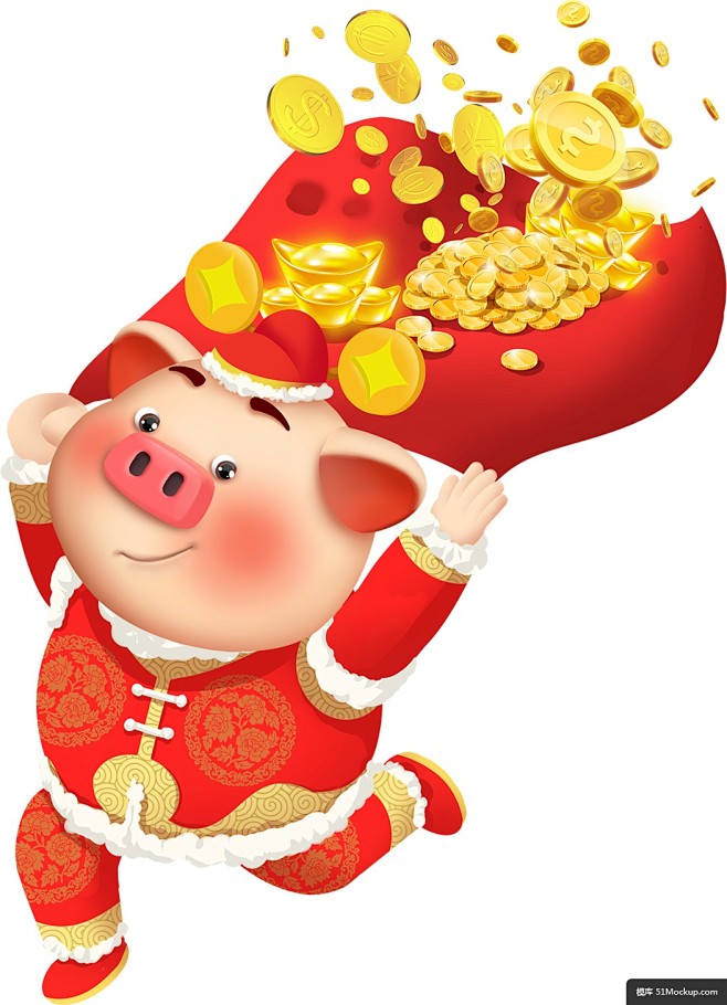 手持财神袋子的猪财神猪模板免扣png
