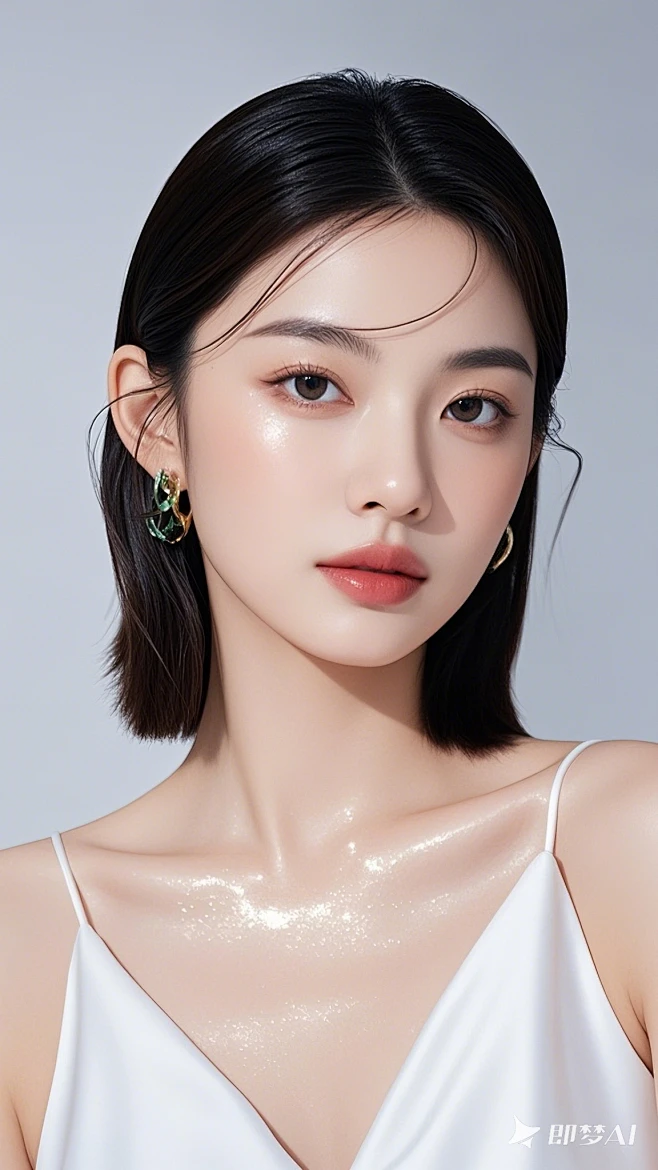 医美高级模特，愚人节美女，锁骨高光，猫系幼态五官，高级幼态脸，苹果肌高光处理，皮肤水光质感，微雕皮肤细腻光泽纹理可见，干净背景，超清画质 ...