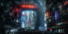 半抹灯芯采集到都市霓虹科幻美学,250 款赛博朋克场景插画