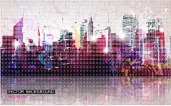 创意涂鸦彩绘城市背景模板矢量图高清素材 AI 倒影 创意涂鸦城市建筑 城市背景海报 绚丽 矢量图 背景 设计图片 免费下载