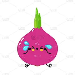 可爱的悲伤和哭泣的红洋葱人物。矢量手绘卡通卡哇伊人物插画图标