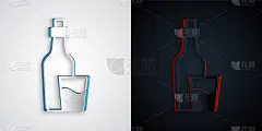 剪纸烧酒瓶图标孤立在灰色和黑色的背景。韩国大米伏特加。纸艺术风格。向量